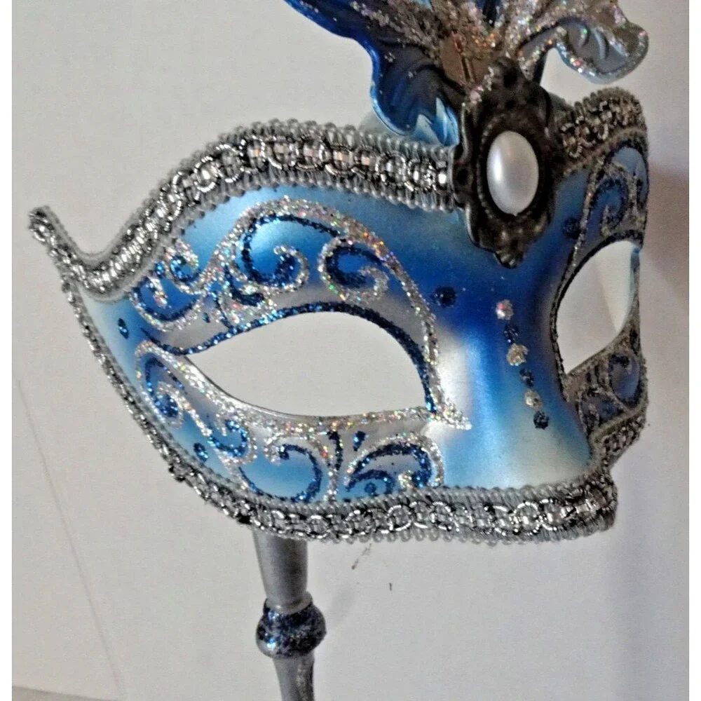 Beautiful Venetian Hand Painted Mask Venice Blue Masquerade with Handle Dated